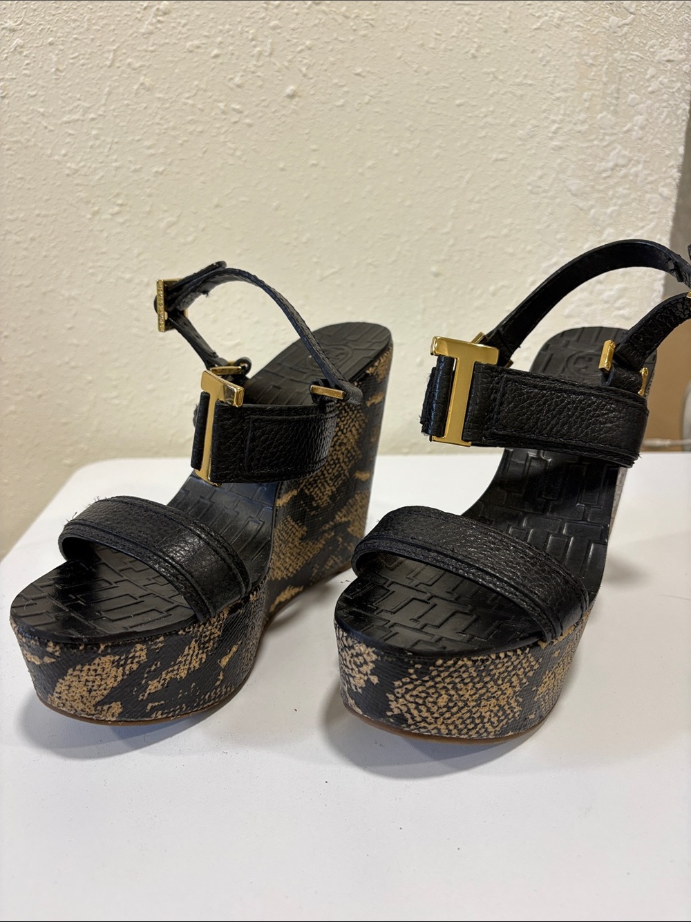 Tory Burch Black and Tan Snake-Print Platform Wedge Sandals with Gold Buckles